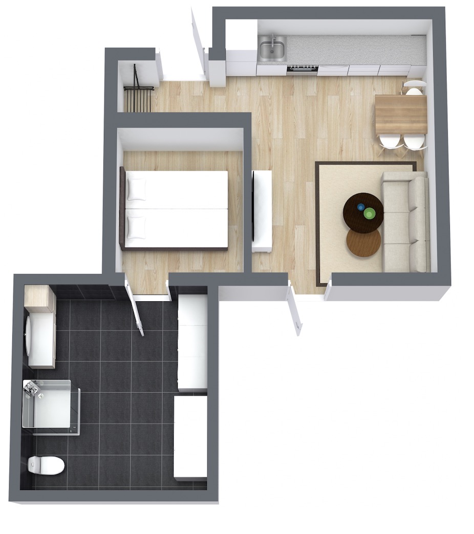 Plantegning med forslag til møblering. TV- og internettuttak er plassert på vegg mot soverom